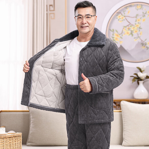 随阅睡衣男士冬季加绒加厚爸爸棉袄冬天牛奶绒保暖家居服中老年人套装 N9926F蓝 牛奶绒 升级加厚 L 码 90-120斤