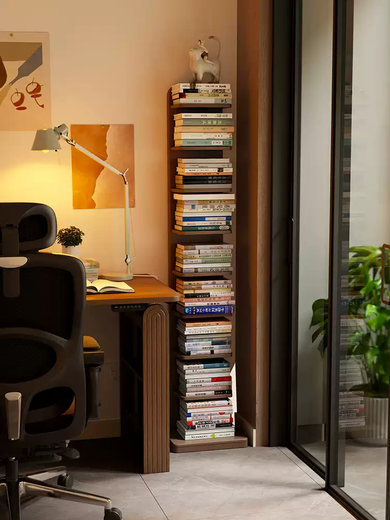 Yusen Yidong деревянная книжная полка из цельного дерева, напольная стойка для хранения, невидимая вертикальная гостиная, бытовая небольшая книжная полка, угловая, узкий книжный шкаф с защитой от опрокидывания, устойчивый и неопрокидывающийся, 9-слойная невидимая книжная полка из цельного дерева, цвет ореха