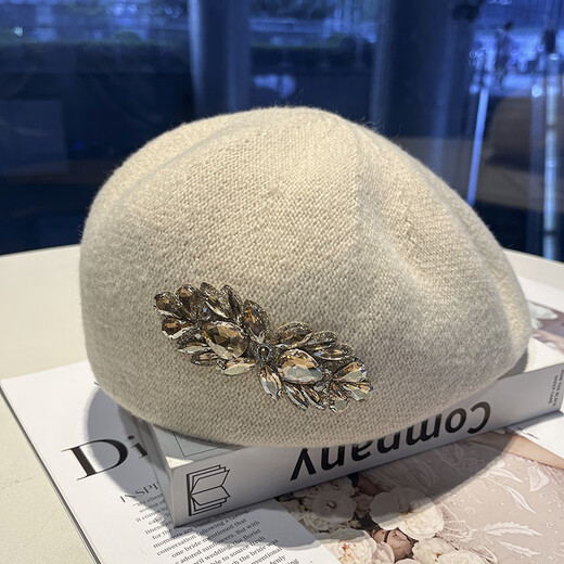 Pisces Rabbit Winter Retro Rhinestone Flower Beret Feminine Face Revealing Small Navy Hat Top Hat Women's Hat Black Rhinestone Flower (Autumn and Winter) One Size 56-58cm (Inside Adjustable)