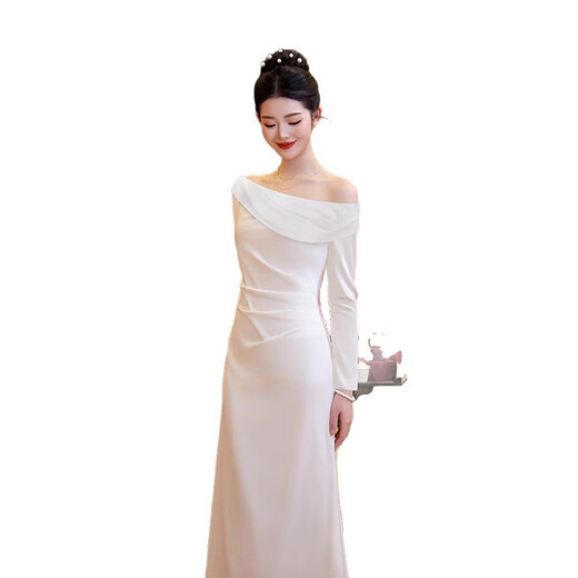 Jane Deiune long sleeve other shoulder slant shoulder white engagement dress daily wearable dress travel photography light wedding dress certificate small white dress white L
