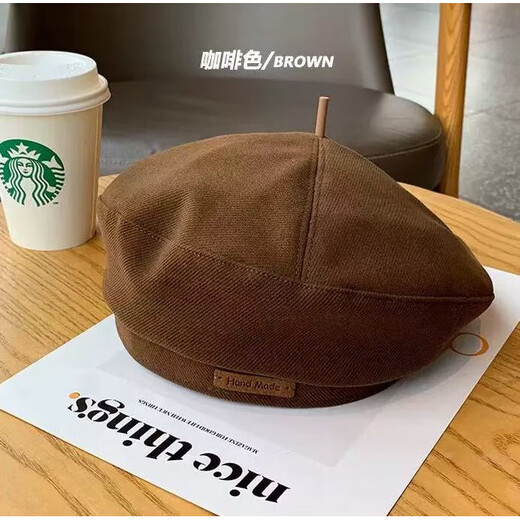 Hat ladies beret temperament pure and elegant black woolen face small spring and summer beret hat literary British style leather label beret black