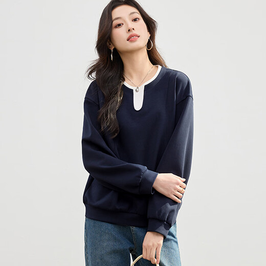 Handu Yishe Round Neck Contrast Color Sweatshirt Long Sleeve Women's 2025 Spring and Autumn Fashion Simple Versatile Comfortable Casual Fake Two-piece T-Shirt Top