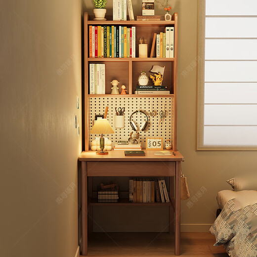 Huixun solid wood desk with bookshelf student home study table hole board computer desk small apartment bedroom bedside writing desk black walnut color #desk + bookshelf 70cm*60cm*75cm total height 190cm