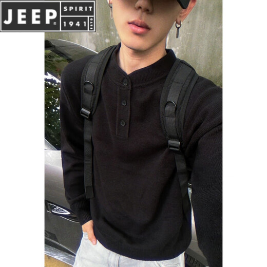 JEEP SPIRIT Black Henley Collar Sweater Men's Autumn American Retro Feel Knit Sweater Cleanfit Bottoming Shirt Gray M