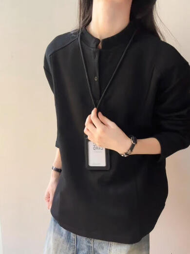 Yingtang shoulder polo shirt sweatshirt for men and women, autumn henley collar long-sleeved t-shirt, cleanfit inner layering shirt, black M