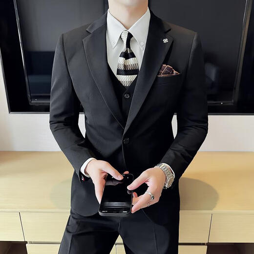 Pierre Cardin one-button men's three-piece suit business formal solid color versatile trendy slim casual handsome suit black suit + trousers 4XL (165-180Jin Jin equals 0.5 kg)
