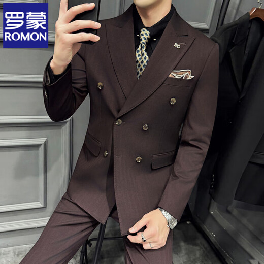 ROMON Autumn and Winter Thick Dark Striped Suit Men's Suit Korean Slim Fit Business Formal Easy-Care Three-piece Suit Burgundy (Single-piece Suit) XL (120-135Jin Jin equals 0.5kg)