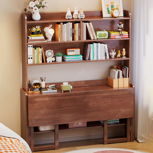 Huixun folding desk solid wood student home computer desk bedroom bedside study table with bookshelf small retractable desk walnut color #desk + bookshelf 80cm*60cm*75cm total height 190cm
