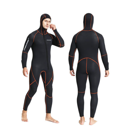 FUNDiVERS hooded wetsuit one-piece 5mm warm wetsuit men's cold-proof swimsuit surfing suit anti-freeze snorkeling suit black 5MM model M