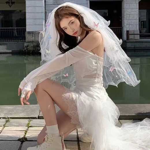 Bo Na Ling Veil Bridal Butterfly Wedding Registration Certificate Veil Simple Travel Photography Photo Proposal Concert Headwear Props Colorful Butterfly Four-layer Beaded Veil About 80cm