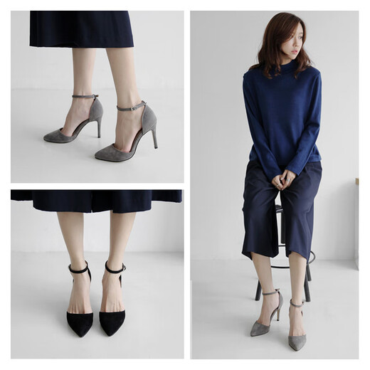 2025 new style sandals for women with bag-toe stiletto heel pointed toe Korean style fashion versatile suede hollow high heels gray 10cm 40