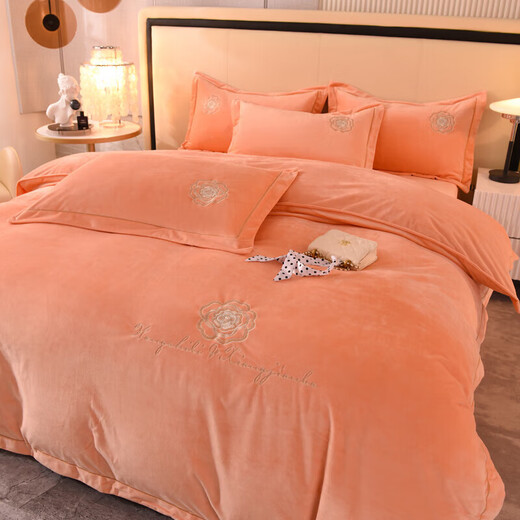 Fuanna Class A thickened baby milk velvet four-piece set embroidered coral velvet quilt cover winter warm flannel Class A baby velvet-Camellia Orange bed sheet style 1.5 four-piece set quilt cover 2.0*2.3