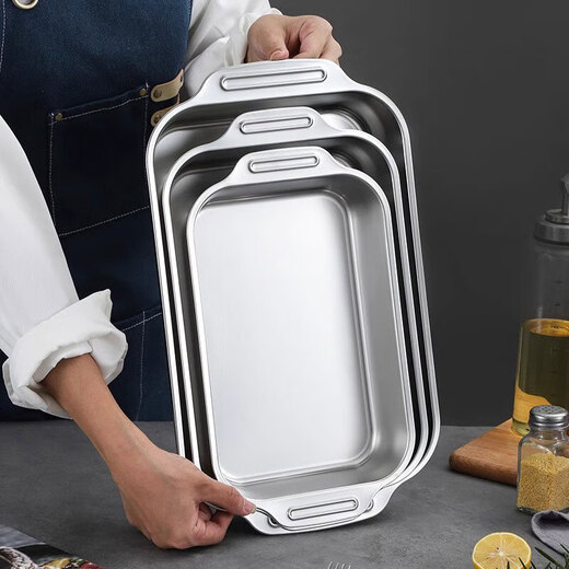 Stainless steel grilled fish plate with lid grill plate tray square plate barbecue grill grilled fish stove seafood plate kitchen storage basin 45*27*7.5CM deep style with glass lid