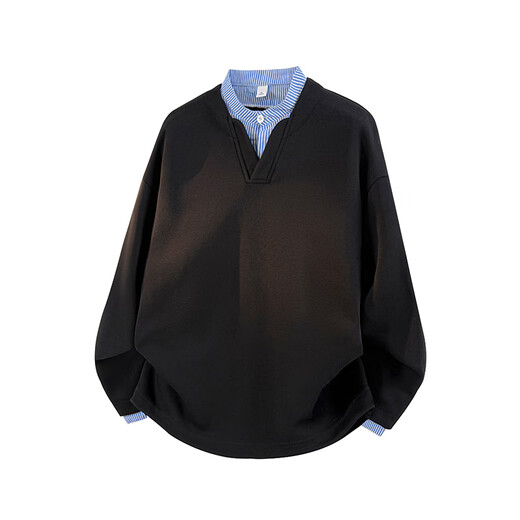 Dingfengbaoluo sweatshirt men's spring American casual fake two-piece loose retro shirt collar top DP02 ultimate black 3XL