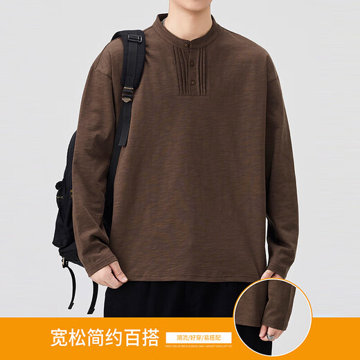 Queli Henry collared long-sleeved T-shirt for men, autumn trendy pure cotton top, American loose inner layering shirt for men, dark gray M