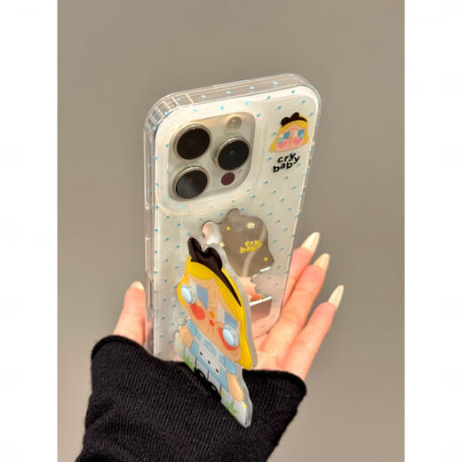 Jisma Japanese and Korean cute ins polka dot blue skirt crying baby flip mirror suitable for 16promax new 15pro Apple phone case 14pro double layer 13 all-inclusive 11 anti-fall 12 soft plu polka dot blue skirt crying baby shell + mirror stand iPhone 16 pro