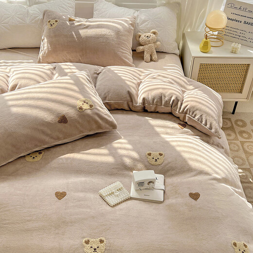 Mercury series thickened warm towel embroidered milk velvet four-piece set, three-piece coral Falay velvet quilt cover, winter 1.8m bedding, milk velvet bear-white coffee bed sheet style x 1.2m bed (quilt cover 150*200cm) three