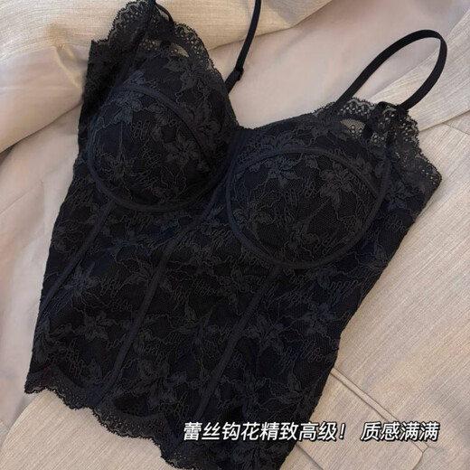 LangSha French Fishbone Bra Lace Camisole Women's Inner Back Bra All-in-one Bottoming Top with Breast Pad Black S Recommended 32/70AB