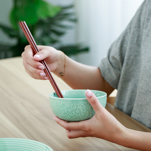SUSHI CERAMICS Celadon Glazed Ceramic Bowl Flower Blossom Rich Rice Bowl Soup Bowl 6-piece Tableware Set