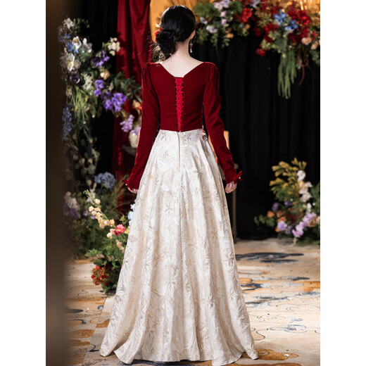 LNGA LANDGRE toasting dress large size fat mm slimming bridal style light luxury long-sleeved new Chinese style wedding engagement homecoming dress burgundy 2XL _140Jin Jin equals 0.5kg -150Jin Jin equals 0.5kg
