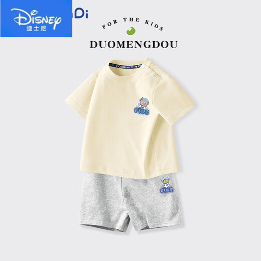 迪士尼（Disney）男童短袖套装宝宝a类纯棉上衣2025夏季小童宝宝运动短裤圆领上衣 AP12672X杏+I12672K灰 80