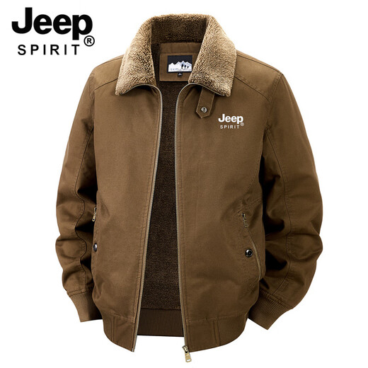 JEEP SPIRIT Jeep Men's Shearling Jacket 2025 Autumn and Winter New Multi-Pocket Plus Velvet Warm Work Jacket Brown M (Recommended 105-119 Jin Jin equals 0.5 kg)