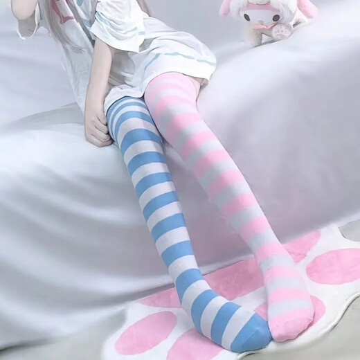 Zi Jiafu Socks Long Socks Women's Japanese Blue and White Striped Over-the-Knee Socks Thigh Socks COSPLAY Animation Women's Socks Black and Purple Stripes 1 Pair One-size-fits-all No Cat Claws - Over the Knee