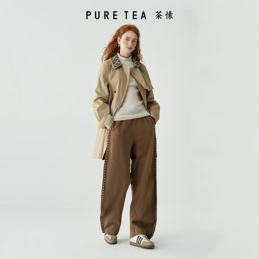 PURE TEA Retro Barn style puretea tea detachable plaid lapel silhouette windbreaker jacket 25 autumn and winter new khaki S