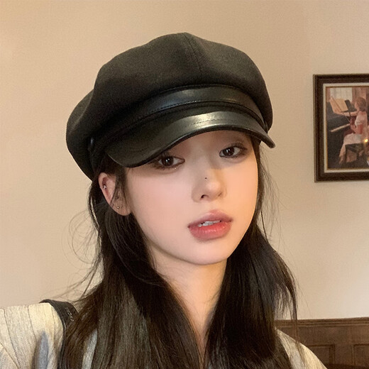 Duokeyu beret hat women's octagonal hat newsboy hat fashionable style big head circumference 2025 new autumn and winter high-looking woolen leather retro beret black