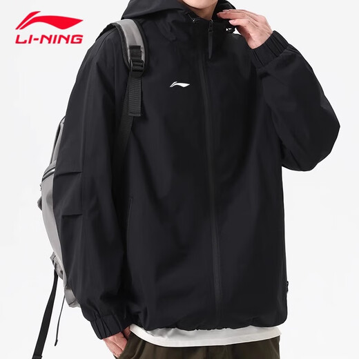 Li Ning Jacket Men's Spring and Autumn Hooded Jacket Youth Zipper Cardigan Casual Loose Trendy Outdoor Sports Windbreaker Men Black Windbreaker Jacket Sports Versatile L /175 (125-145Jin Jin equals 0.5kg)