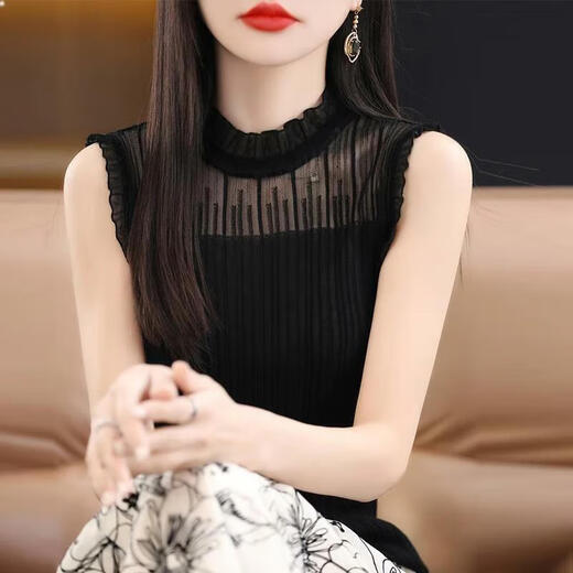 French Fashion Lace Collar Vest Women's Summer Mesh Half-Turtle Collar Bottoming Shirt Western Style Lace Inner Sleeveless Top White One Size Recommended 80-135 Jin Jin equals 0.5 kg