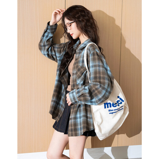 TonLion 2025 autumn women's retro American loose plaid long-sleeved shirt