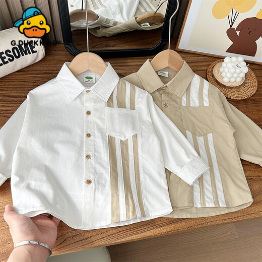 G.duck little yellow duck boys' shirt pure cotton 2024 spring new style children's lapel long-sleeved shirt color matching casual upper CY3099A white ready stock 100 cm