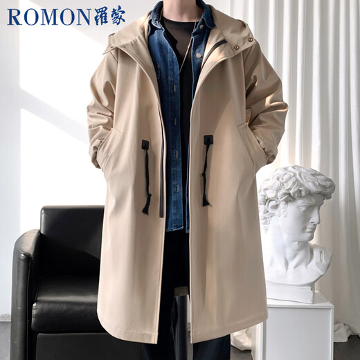ROMON men's windbreaker mid-length business men's hooded coat loose large size men's autumn cloak khaki M