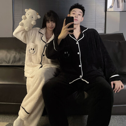 Modal Couple Pajamas Women's Winter Coral Fleece Thickened Cartoon Cute Men's Loose Autumn and Winter Home Clothes Set W1008 Black + White One Set for Men and Women M Women + Men 3XL