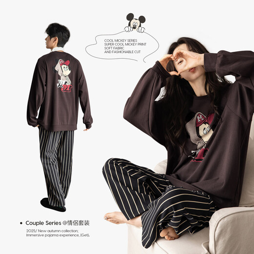Benny Bear Beiyan Disney Couple Pajamas Women's Spring and Autumn Cute Mickey Long Sleeve Home Clothes Men's Large Size Soft Cotton Suit C20965 Women's M Size