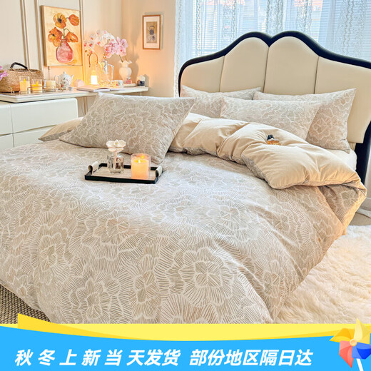 Mercury series home textile new 100% cotton four-piece set floral pure cotton brushed quick-warm autumn and winter thickened bed sheet duvet cover and fitted sheet three-piece set Flower Spike 100% cotton 1.5m fitted sheet set four-piece set 100% cotton