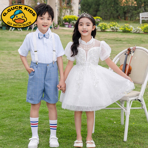 G.DUCKKIDS Children's Day Chorus Costumes Girls Dance Tutu Skirt Boys Dress Primary School Graduation Performance Costumes Boys White Shirt + Black Shorts + Suspenders + Bow Tie + 120
