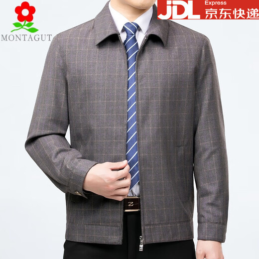Montagut Plaid Jacket Men's Middle-aged Spring and Autumn Thin Coat Middle-aged and Old Dad Lapel Wool Jacket 2308 Gray Plaid L 175/92A Recommended 130-150 Jin Jin equals 0.5 kg