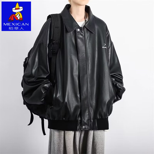 High quality black pu leather jacket men's autumn and winter velvet American style motorcycle jacket black velvet 3XL