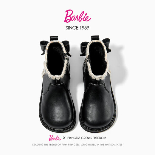 Barbie Girls' Boots Winter Children's Short Boots Snow Boots Plush Small Leather Shoes Princess Shoes Martin Boots DA7023 Black 30