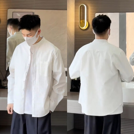 2025 Spring and Summer Simple Henry Collar Casual Shirt Men's Fashion Old Money Style Loose Versatile Textured Long-Sleeved Top White XL _ 155-180Jin Jin equals 0.5 kg