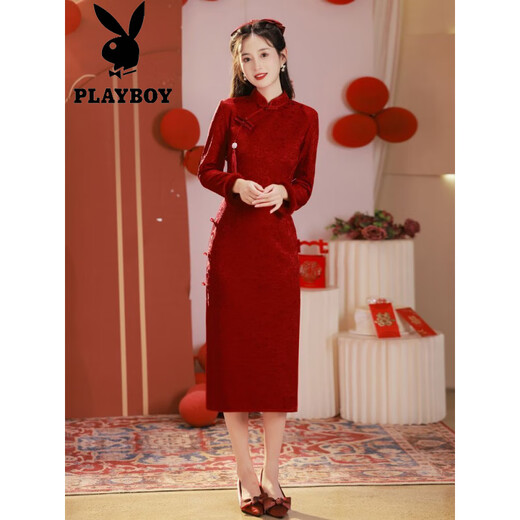 Playboy (PLAYBOY) Cheongsam Toast Wedding Bridal Wedding Burgundy Long Sleeve Chinese Young Style Engagement Dress Women Thickened Velvet Winter Burgundy Velvet Thickened Official Flagship Edition 2XL