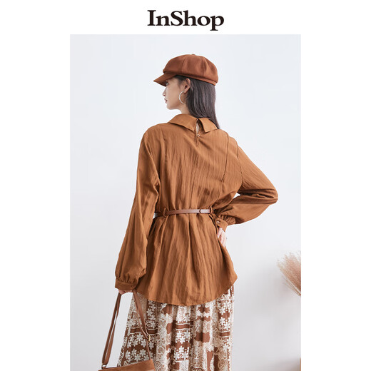 InShop【商场同款】新款女优雅氛围感衬衫腰带气质通勤上衣 摩卡咖色 S