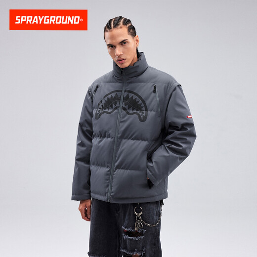 SPRAYGROUND Shark Mouth Winter Removable Sleeve Down Jacket Men's Stand Collar Thickened White Duck Down Jacket Dark Gray S