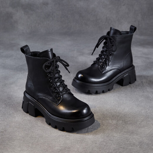 Kangnai Martin boots women's British style 2025 autumn and winter new single boots retro light luxury thick soles slim lace-up leather boots black 36