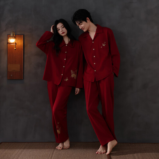 Xihong Couple Pajamas Spring and Autumn Pure Cotton Red Newlywed Wedding Set Large Size Couple's New Year's Eve Celebration 2215-2216 Gift Box Packaging 3XL Men's 170-200Jin Jin is equal to 0.5 kg