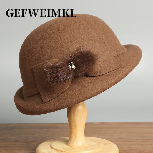 GEFWEIMKL Merino Wool Bucket Hat Women's Autumn and Winter New French Furry Bow Fashion Elegant Top Hat Women Black Adjustable (56-58cm)