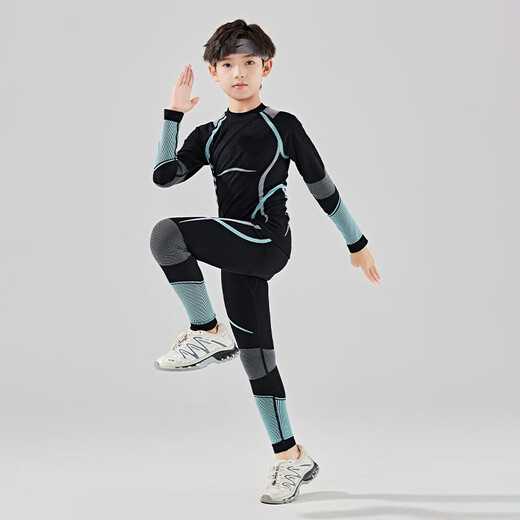 McTicco children's sportswear, boys' tight-fitting quick-drying clothes, basketball track and field training clothes, big children's skiing and cycling clothes base set 27516 black and blue sweat-wicking quick-drying warm and cold-proof 150 150/160 recommended height 145-165cm