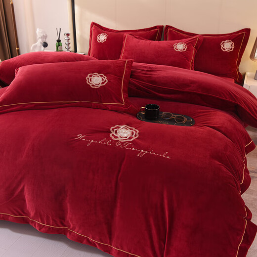 Fuanna Class A thickened baby milk velvet four-piece set embroidered coral velvet quilt cover winter warm flannel Class A baby velvet-Camellia Orange bed sheet style 1.5 four-piece set quilt cover 2.0*2.3